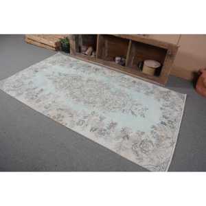 Classique Bleu Beige Vintage Tapis Turc 4.6X7.9 pieds À La Main Patchwork Conception Laine Bambou Soie Latex Salon Couloir Rectangle - Product Image 3