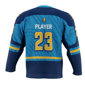Maillot de hockey sur glace personnalisé en sergé bleu, vêtement de sport en polyester tendance, logo d'équipe, rayures sublimées, uniforme adulte anti-UV à séchage rapide - Product Image 2
