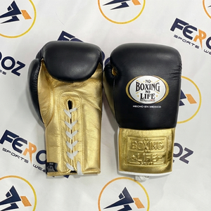 Guantes de boxeo personalizados No Boxing No Life, color negro y dorado, guantes profesionales de entrenamiento y sparring con cordones para adultos. - Product Image 2