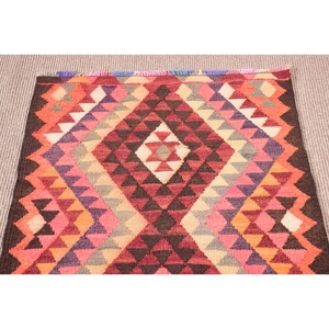 Turkish Vintage Rug 2.8x11.9 ft, Kilim <b>Red</b> Check <b>Wool</b> Rug - Product Image 5