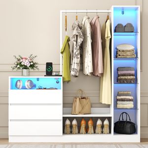 Armoire ouverte moderne avec éclairage LED, <span class=keywords><strong>commode</strong></span> de chambre <span class=keywords><strong>blanche</strong></span> avec porte-vêtements <span class=keywords><strong>et</strong></span> étagères en verre, organisateur de placard intelligent à 3 tiroirs - Product Image 5