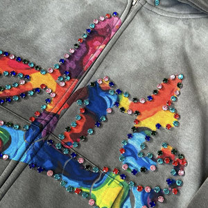 Sweat à capuche zippé 100% coton gris personnalisé Sweat à capuche zippé couleur strass Dtg Imprimer Oversize Boxy Acid Washed Hoodie With Rhinestone - Product Image 6