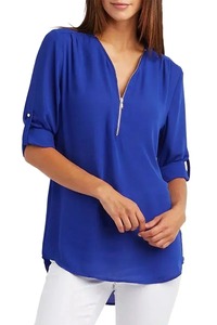 Camisa Holgada Fresca de Verano para Mujer, Cuello en V Profundo, Gasa, Blusa Informal para Mujer, Sexy, con Cierre, Talla Grande, Manga Larga, a la Moda - Product Image 3