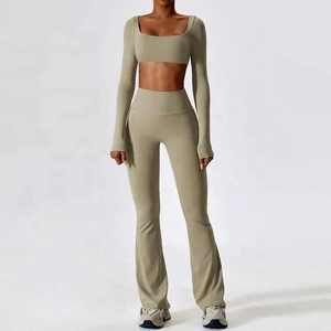Conjunto de Yoga de 2 piezas para mujer, camiseta transpirable con patrón sólido, Sujetador deportivo de cintura elástica, Top largo, mallas sueltas para el trasero para entrenamiento de gimnasio - Product Image 5