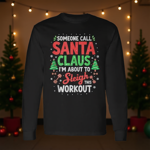 Camiseta de manga larga para fitness con estampado navideño de Santa Claus Sleigh This Workout - Product Image 3