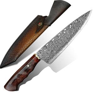 Cocina profesional Cuchillo de chef de acero de Damasco de 7,6 pulgadas Hecho a mano Hoja fija de alta calidad Fabricantes de fundas de cuero inoxidable - Product Image 1