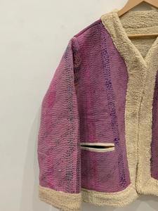 Violet Kantha fausse fourrure veste gilet court boutons faits à la main manteau doux vêtements d'hiver veste manteau Floral femmes manteau - Product Image 4