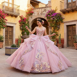 8552 Vestido de Quinceañera Deslumbrante con Escote Corazón, Lentejuelas, Lazo, Encaje, Apliques de Cristal y Cuentas, Cola Capilla de Organza, Estampado Natural - Product Image 1