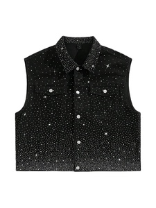 Personnalisé hommes rue vie strass chemise décontractée bouton avant sans manches poche décontracté Denim haut chemise strass personnalisation - Product Image 4