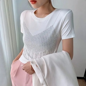 Diamants Solide Couleur Pull Strass À Manches Courtes T-shirt Maillot De Bain Mode Casual Vintage Tops - Product Image 5
