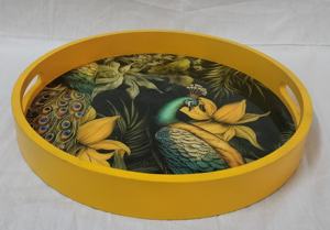 Plateau de service rond en bois de noyer rustique brun sur mesure en gros, grandes et petites tailles avec poignées, plateaux de rangement naturels - Product Image 2