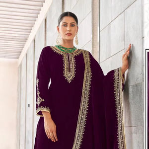 Bordado de terciopelo puro pesado con parte inferior completamente cosida india tradicional y parte superior e inferior de trabajo con Dupatta para mujeres - Product Image 1