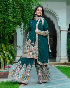 Trendy Pure Chinon Silk set with <b>sequin</b> thread embroidery plain cotton bottom and matching dupatta for festive ethnic fashion - Product Image 2