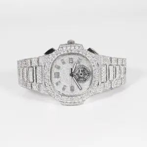 Relógio de pulso clássico masculino totalmente personalizado Hip Hop Aço Inoxidável Cronógrafo Moissanite Diamante com Clareza VVS