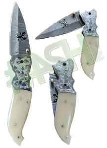 Cuchillo de caza y táctico de acero de Damasco de 8,75 pulgadas hecho a mano con cuchillo plegable con mango de hueso de diseño fresco - Product Image 4