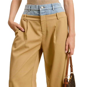 Pantalones de pierna ancha sólidos con pretina de mezclilla transpirable Precio al por mayor Pierna ancha suelta de moda e informal para mujer - Product Image 4