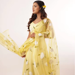 Premium elegante pintado a mano amarillo lima Modal seda Anarkali conjunto ligero Organza Dupatta mujer fiesta festiva desgaste indio - Product Image 1
