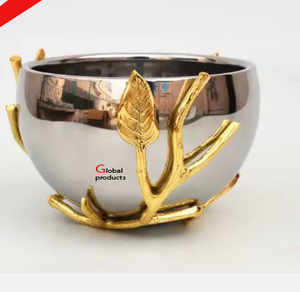 Cuenco para servir de acero inoxidable y metal con acabado plateado de aspecto moderno con diseño de hoja dorada para restaurante y bar de hotel - Product Image 1