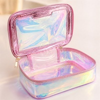 Pochette cosmétique en PVC holographique avec logo personnalisé, étanche, avec fermeture éclair, pour marque de beauté, voyage, articles de toilette, emballage cadeau