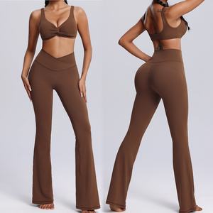 Logotipo personalizado Nuevo diseño Sujetador sexy Conjuntos de ropa deportiva para mujeres, 2 piezas Sujetador deportivo delantero anudado único con pantalones de yoga acampanados de gimnasio - Product Image 3