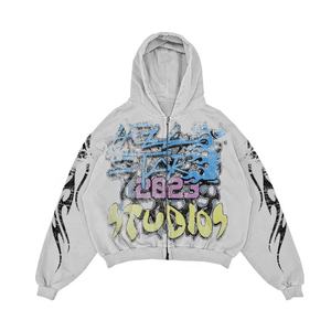 Wholesale Sun Faded Acid <b>Washed</b> Vintage Men Zip up Hoodies Custom Distressed Applique Embroidery Streetwear Men Zipper Hoodies - Product Image 6