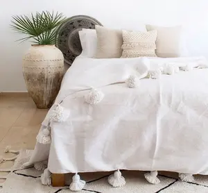 Pure White Pompom Throw Blanket Hand gewebte marok kanis che Bettdecken im Boho-Stil Berber Handmade Bed Covers