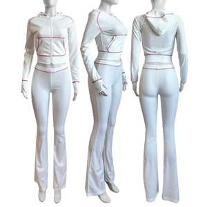 Women Winter Solid Casual Crop <b>Top</b> Long Sleeve Two Piece <b>Set</b> Flared <b>Trousers</b> Eco-Friendly Breathable - Product Image 5