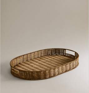 Bandeja de servicio de ratán bohemio decorativa con asas elevadas diseñadas para decoración de cabaña y presentaciones de regalos de anfitriona - Product Image 4