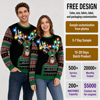 Pull de Noël moche FNJIA pour homme et femme, avec rennes lumineux LED et lunettes, en jacquard tricoté, idéal pour les fêtes de fin d'année