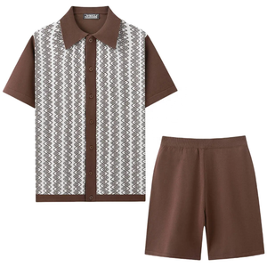 2PINZA Men's Geometric <b>Knitted</b> Polo Shirt and Shorts <b>Set</b> Casual Summer Outfit Brown and White Patterned Two Piece Wear - Product Image 1