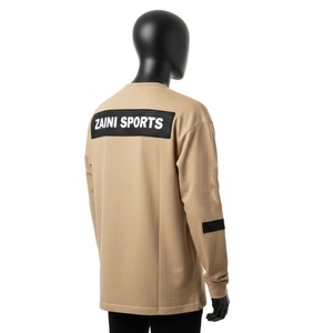 Mens premium 240 GSM cotton knit <b>long</b> sleeve <b>t</b> <b>shirt</b> beige <b>black</b> panel heat transfer logo relaxed street style <b>T</b>-<b>shirt</b> for men - Product Image 5