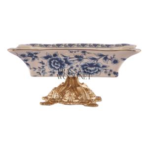 Cendrier antique en laiton corps en porcelaine avec motif floral bleu base ornée d'or accessoire de collection décoratif de luxe - Product Image 2