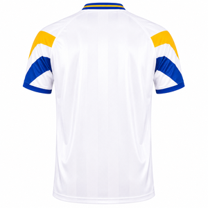 เสื้อฟุตบอลย้อนยุคสไตล์เรโทร ลายทางยุค 80 สีเหลืองน้ำเงิน แบบซับลิเมชั่น ชุดทีม ขายส่ง รับผลิตแบบ OEM - Product Image 2