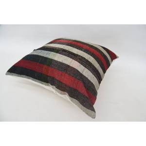 Multicolor Tartan Pattern Wool Kilim Pillow 24x24 Inch Woven Decorative <b>Cushion</b> with Vintage <b>Fluffy</b> Leaves Design - Product Image 5