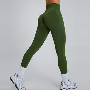 Leggings de yoga pour femmes, taille haute, sans couture, effet push-up, avec fermeture élastique à la taille, motif uni - Product Image 1