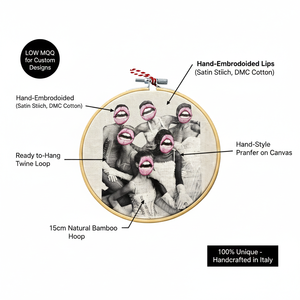 Art mural brodé à la main avec transfert photo |   Cercle textile multimédia de 15 cm |   Décoration intérieure de boutique |   Série de mode personnalisée - Product Image 2