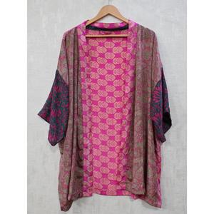 Robe kimono en soie florale indienne faite à la main, col en V, manches longues, grande taille, décontractée, respirante, longueur genou, vêtements de nuit d'automne pour femmes - Product Image 1