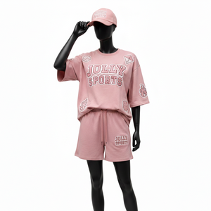 High Quality Cotton Knit <b>Women</b> <b>Shirt</b> <b>and</b> <b>Short</b> <b>Set</b> Soft Touch Fabric Applique Embroidery Logo 100% Cotton <b>T</b>-<b>Shirt</b> & <b>Shorts</b> - Product Image 4