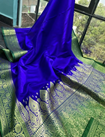 Sari de Seda Satinada Banarasi Brillante Tejido a Mano, Diseño de Borde en Contraste de Dos Tonos, Tejido Tradicional de Lujo de Secado Rápido