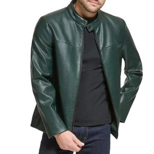 Veste en cuir de vachette verte pour homme, col montant, fermeture éclair, coupe ajustée, longueur normale, pour l'automne - Product Image 2