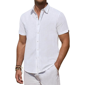 Chemises en lin pour hommes chemises boutonnées à manches courtes été plage décontracté lin chemise boutonnée vacances mariage - Product Image 6