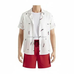 Ensemble de shorts imprimés pour hommes sur mesure OEM - Chemise à manches courtes à motif plume blanche et short rouge, tenue d'été 2 pièces - Product Image 4