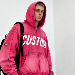 Street Casual Factory Wholesale Hot Pink <b>Studded</b> Full-Zip Distressed Ripped Frayed Edge Customizable Oversized <b>Men</b> Hoodies - Product Image 5