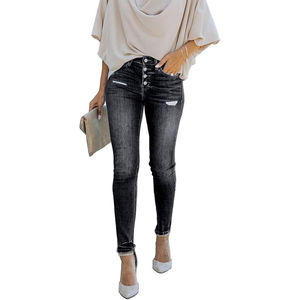 Jeans en denim noir taille haute, coupe slim, boutonnière devant, pantalon stretch skinny, jeans décontractés et élégants pour femmes - Product Image 4