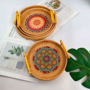 Wholesale Rattan Round Shape Food Serving Tray With <b>Wooden</b> Handles Kitchenware Ornaments <b>Tea</b> and Coffee Serving Tray - Product Image 4