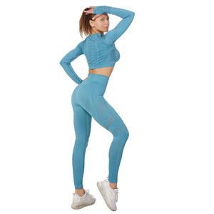 Conjunto de Yoga de nylon LICRA con logotipo personalizado para mujer al por mayor, mallas deportivas de cintura alta, mallas de yoga transpirables de cintura alta sólidas - Product Image 3