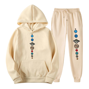 Ensemble de survêtement à capuche imprimé système solaire pour hommes et femmes, jogging en molleton beige, streetwear décontracté, tenue chaude d'hiver - Product Image 1