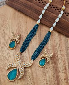 Premium Double Stone American Diamond Polki Premium Pendant <b>Mala</b> Set Adorned with Hydro <b>Beads</b> and Lustrous Pearls Bridal Jewelry - Product Image 5