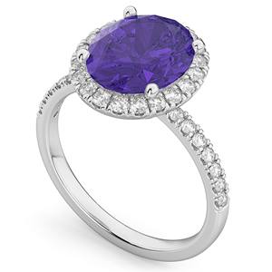 Bagues de tanzanite Halo taille ovale luxueuses avec 100% diamants naturels personnalisés à la main 14k bague de cadeau de mariage en or blanc pour elle - Product Image 3