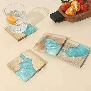 Ensemble de sous-verres artisanaux en bois et résine, modèle 3D, accessoires de table - Product Image 1